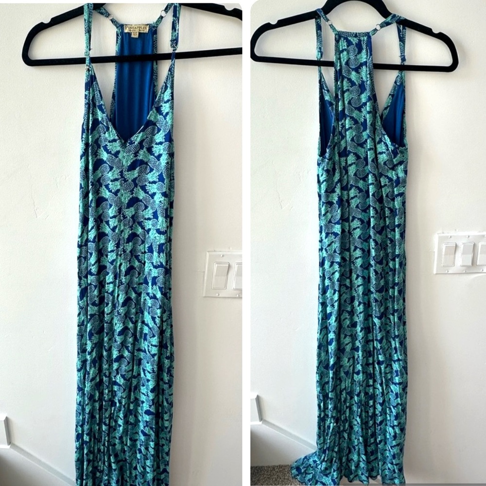 Pineapple Blue and Green Patterned Tropical Maxi Dress Size XS